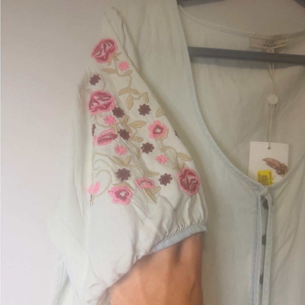 NWT Chelsea & Violet Blue Chambray Mini Dress Pink Embroidery XL See Photos - Picture 3 of 9